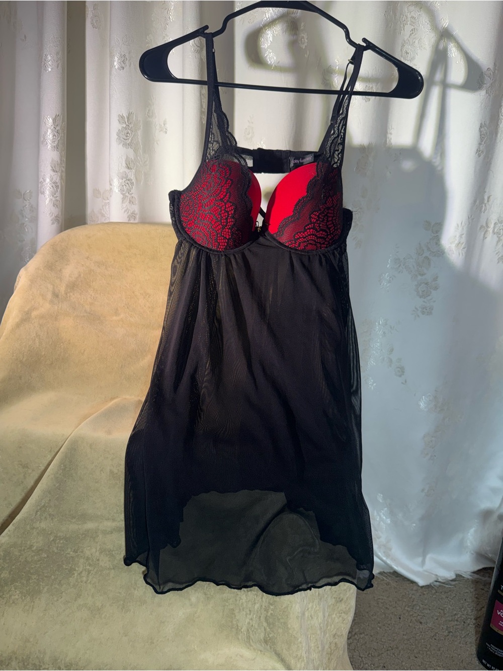 Black Lace-Trim Chemise with Red Underwire Cups